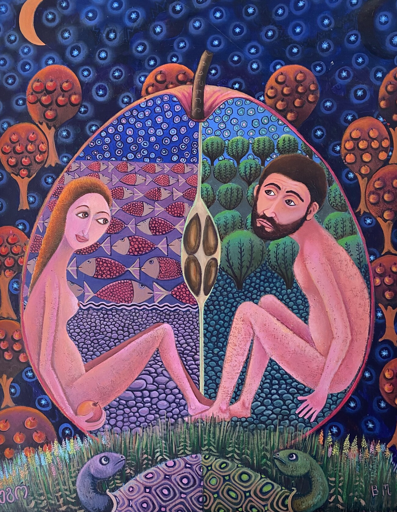 Inside the Apple — Adam and Eve, painting by Beglar Maisuradze
