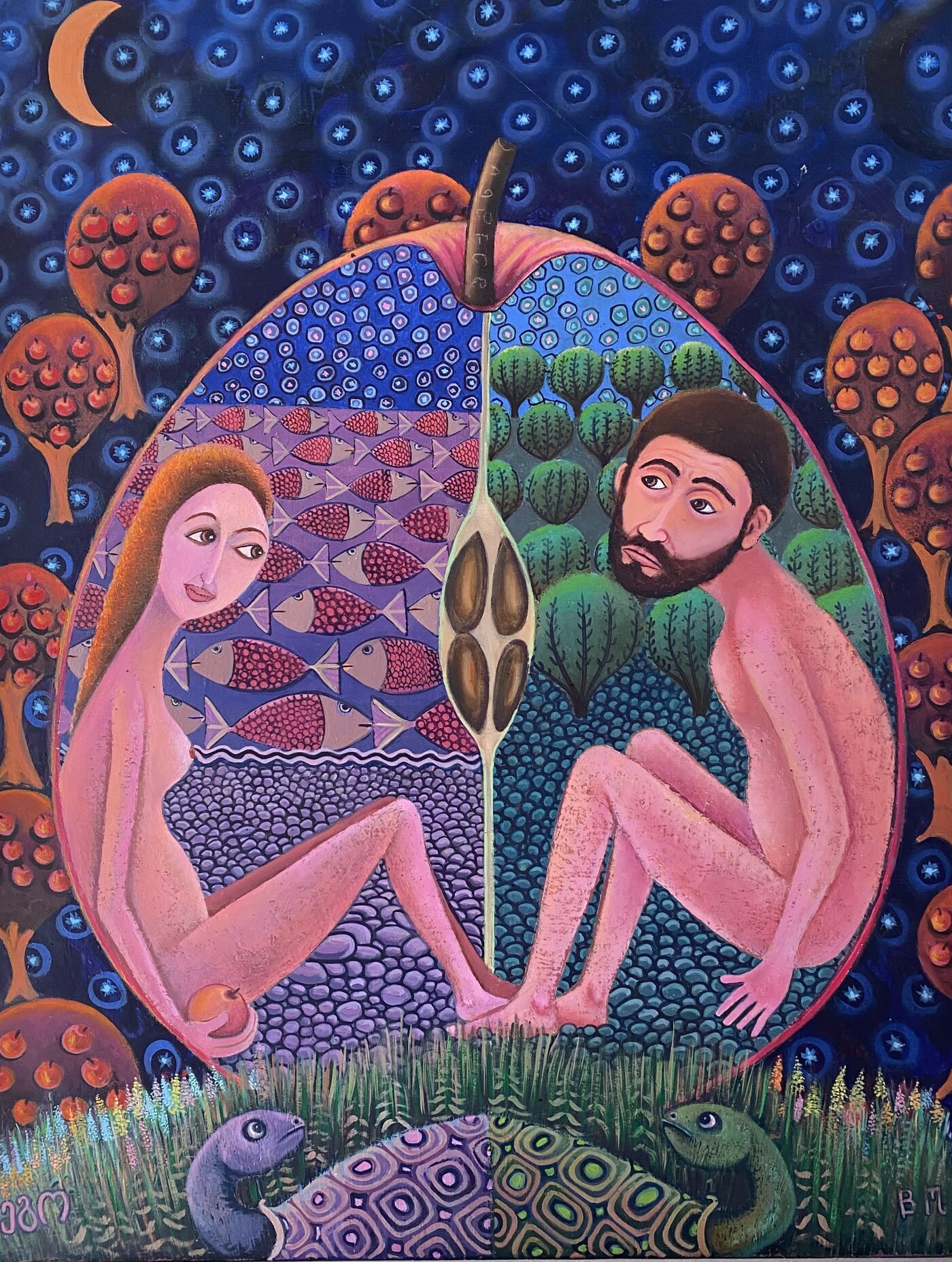Adam and Eve inside an apple