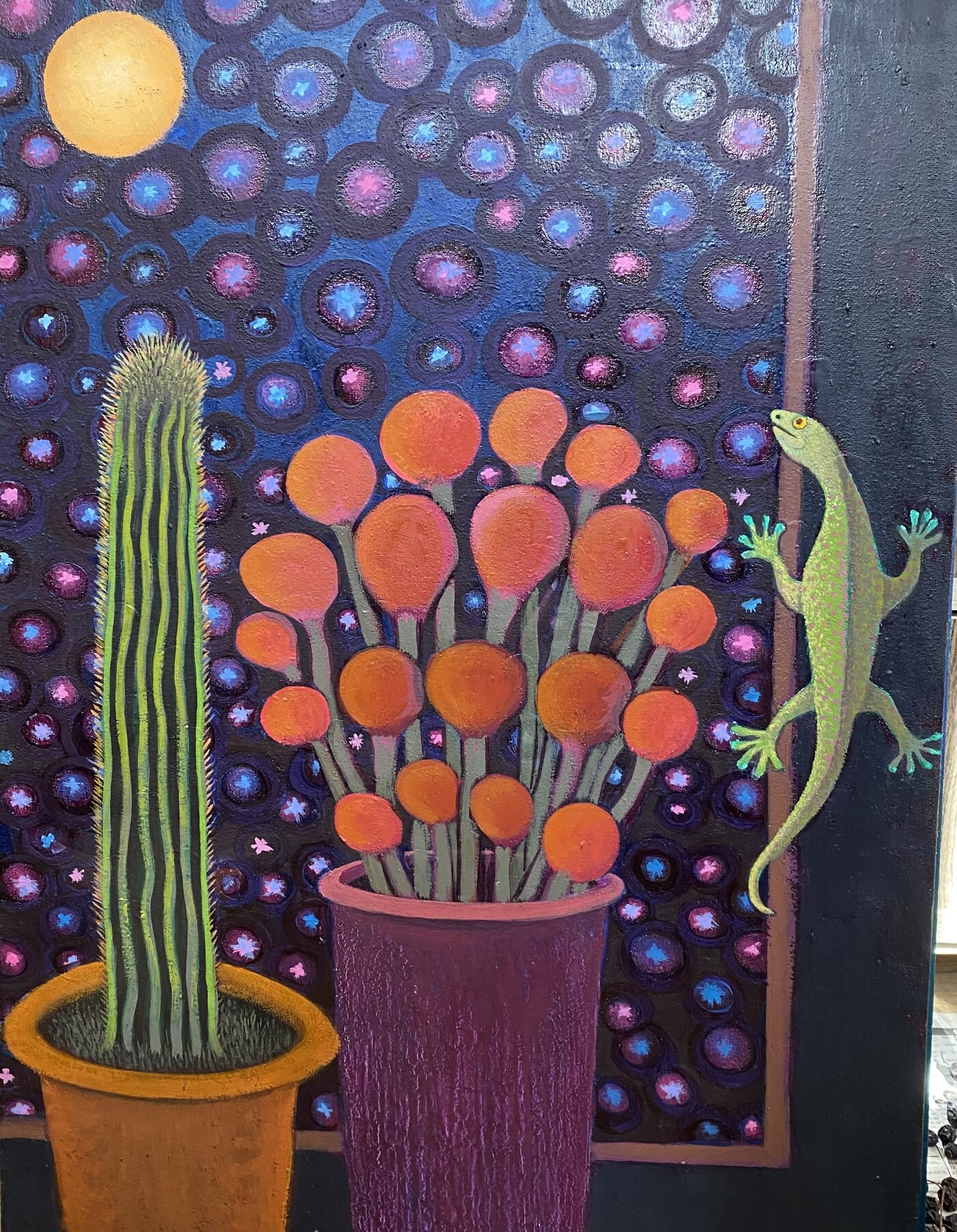 Cactus and lizard still life